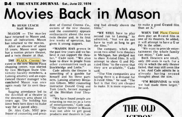Mason Twin Cinema (Plaza Cinema 1 and 2) - 1974 Article On Opening